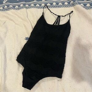 Lace Pattern Black Tank billabong Bodysuit open intricate back and scoop neck